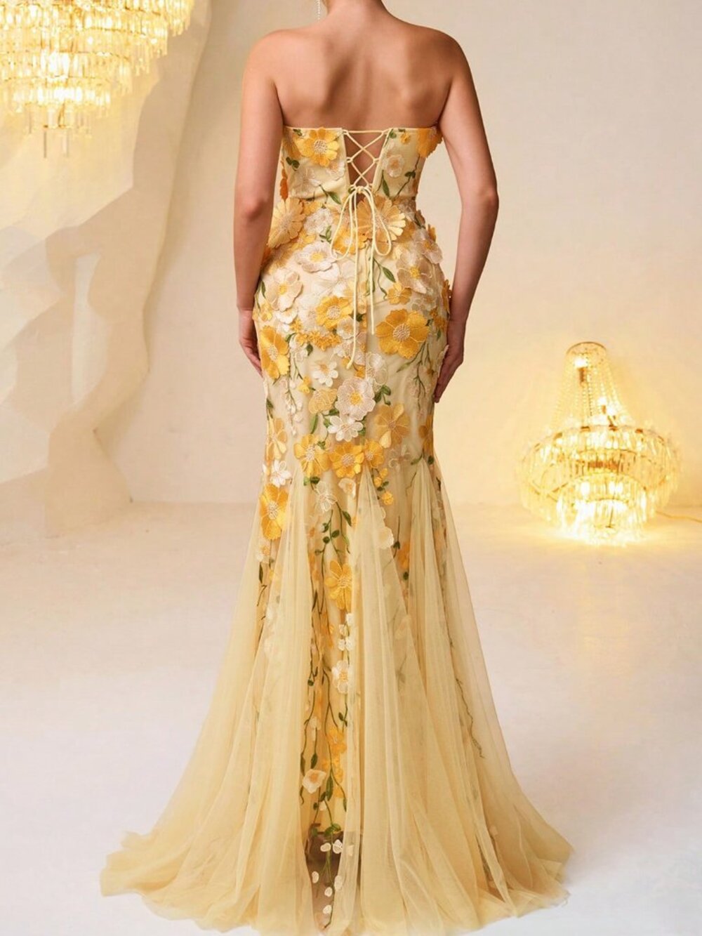 Yellow Elegant Women's Allover Print Patchwork Ruffle Sequin Mesh Formal Gown - Picture 2 of 7